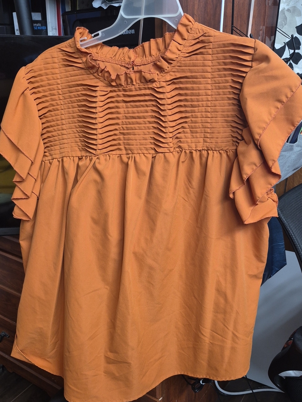 SHEIN Rust Orange Pintuck Ruffle Sleeve Blouse